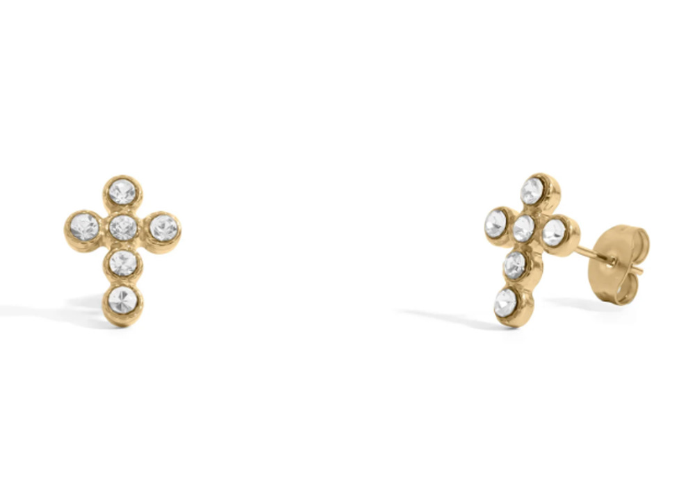 18K Gold PVD Stainless Steel Round Stone Cross Earrings Lightweight Christmas